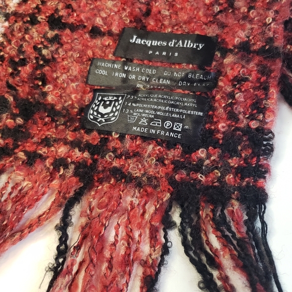 Jacques d'Albry PARIS Wool Blend Red Black Plaid Scarf Fringe Made in France - Picture 5 of 8